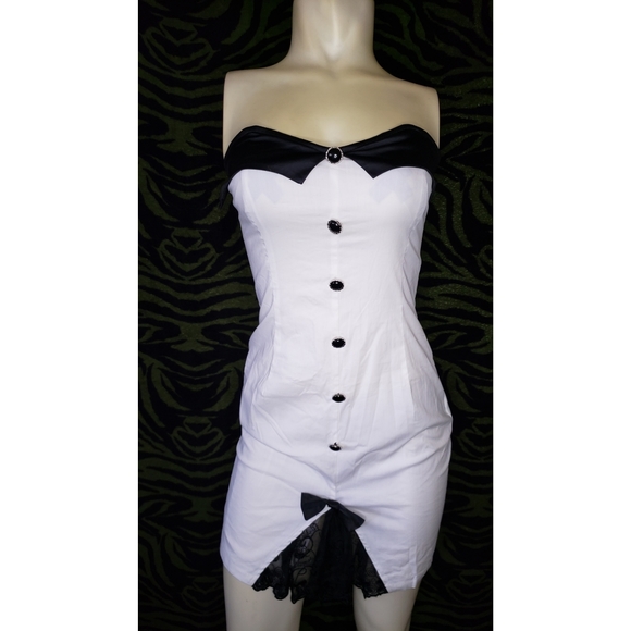 White & black buttons lace strapless dress - Picture 1 of 9